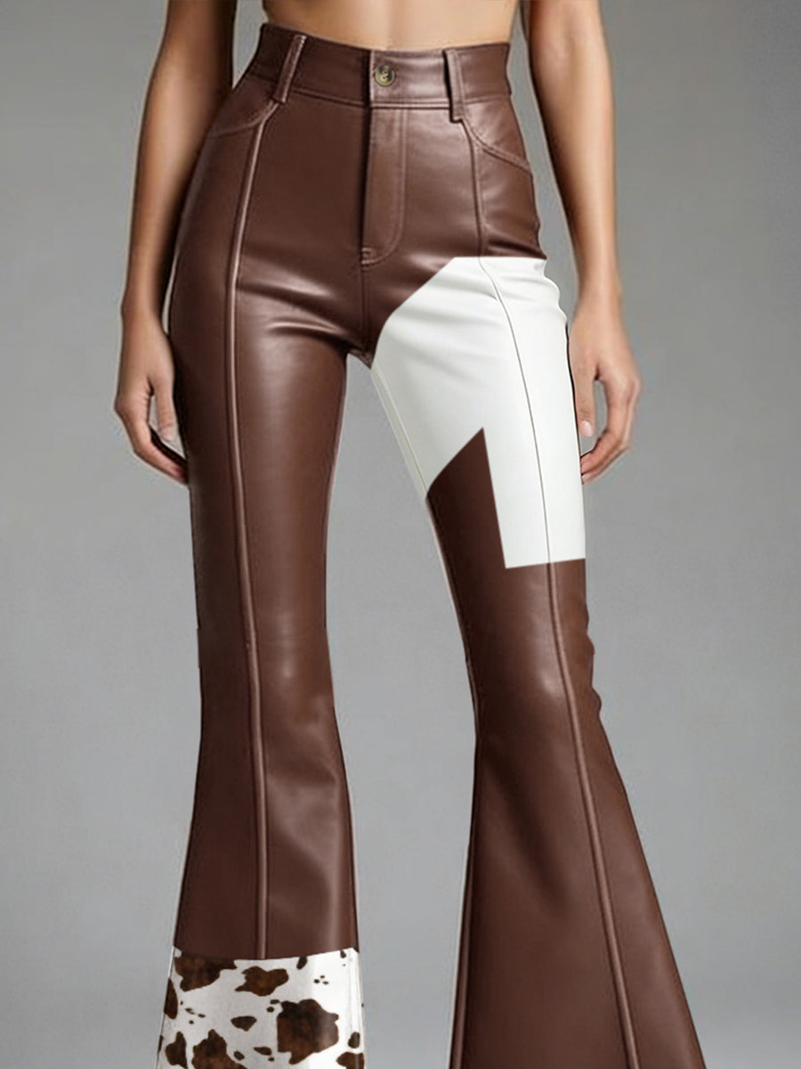 Western Cow Pattern PU Leather High Waist Bell Bottom Pants
