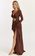 Robe longue Sahara - Robe longue découpée à garniture dorée couleur Chocolat