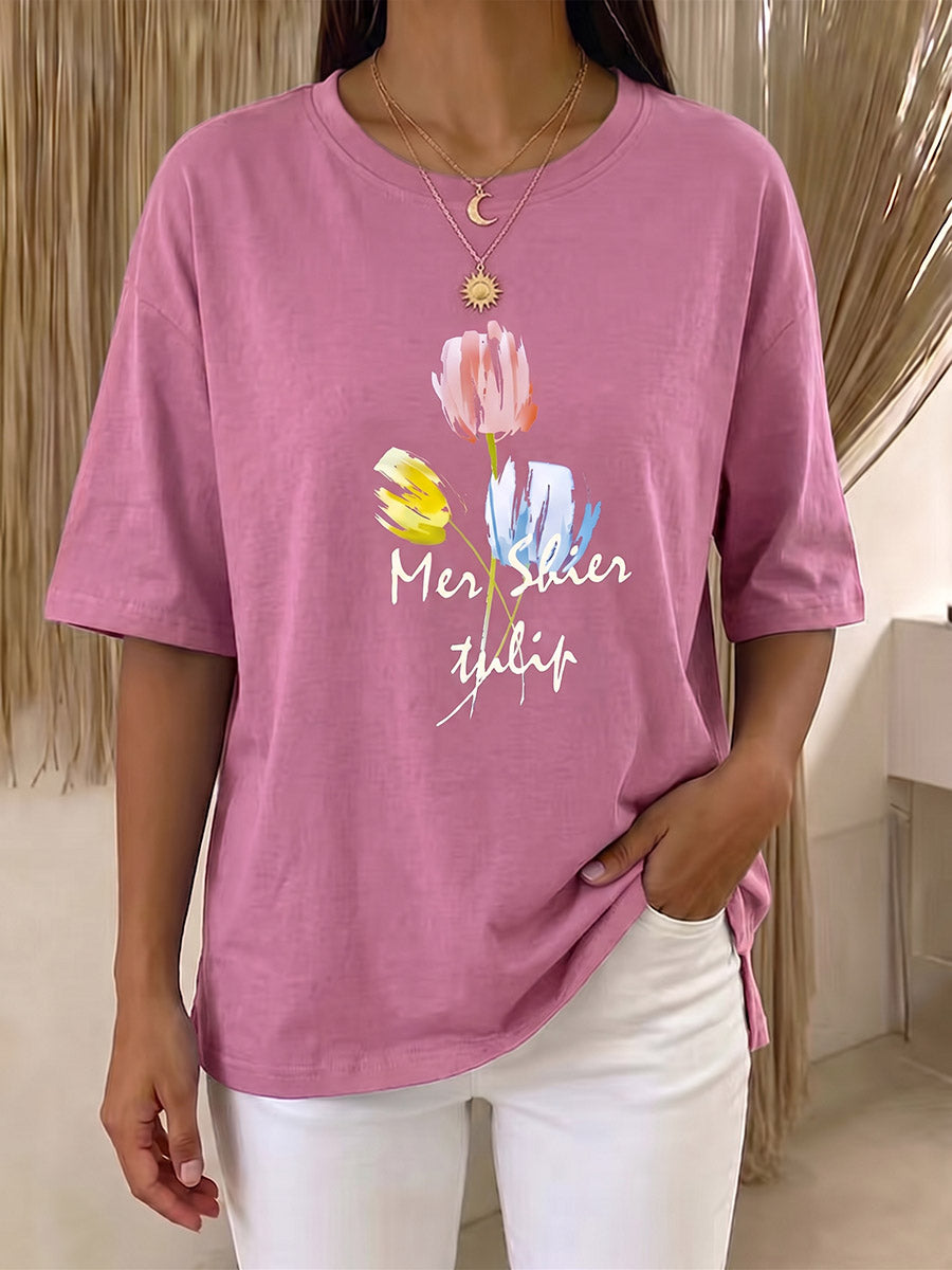 Women's Crew Neck Short Sleeve Casual Loose-fit Cotton T-shirt