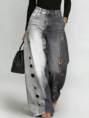 Women's Retro Art Print Casual Stylish Hollow Denim Pants