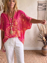 Boho Vintage Print V-neck Batwing Sleeve Shirt