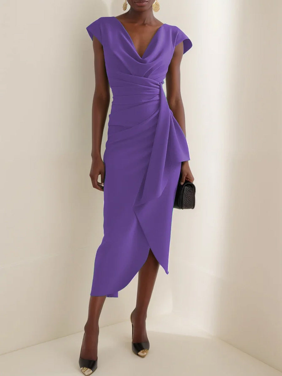 Women's Solid-color Short-sleeve Casual Slim-fit Dress With Cowl Neck And Ruching