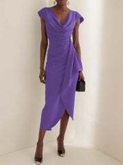 Women's Solid-color Short-sleeve Casual Slim-fit Dress With Cowl Neck And Ruching