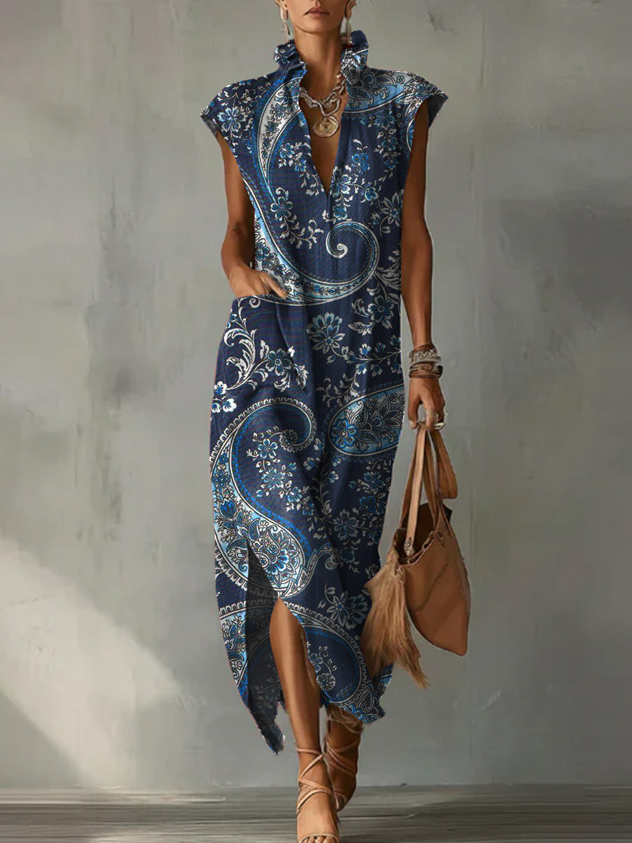 Casual Loose-fit Cotton-linen Dress With Cap Sleeves And Vintage Paisley Print