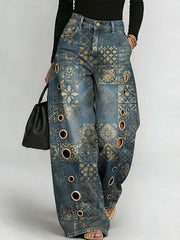 Women's Retro Floral Art Print Casual Stylish Hollow Denim Pants