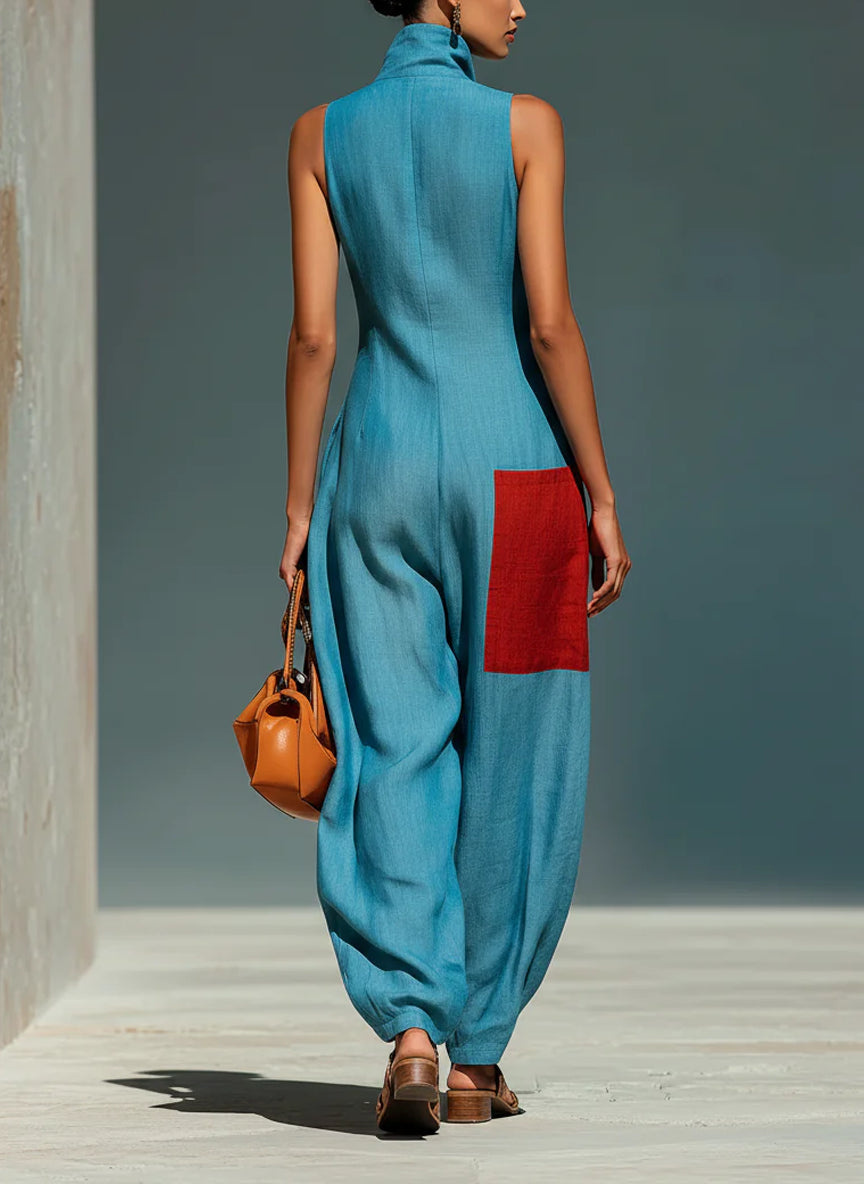 Lake Blue Textured Cotton-linen Stand Collar Front-zip Color-block Pocket Sleeveless Loose Wide-leg Jumpsuit