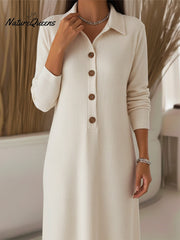 Women's Casual Polo Collar Button Corduroy Midi Dress
