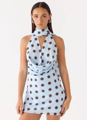 Robe Courte Dos Nu - Bleu Moka à Pois