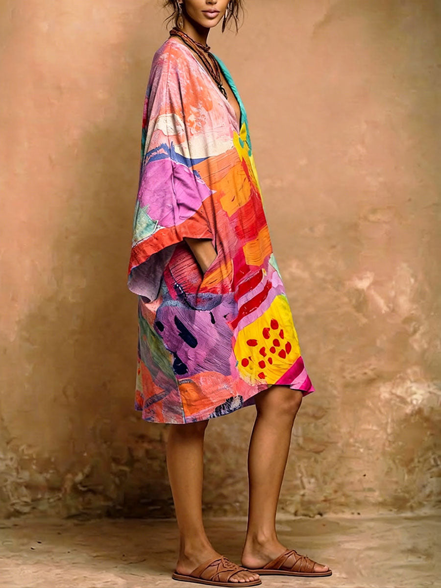 Women's Abstract Art Print V-neck Pocket Dress