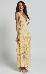 Robe midi Beryl - Robe superposée sans manches col V profond à motif floral jaune
