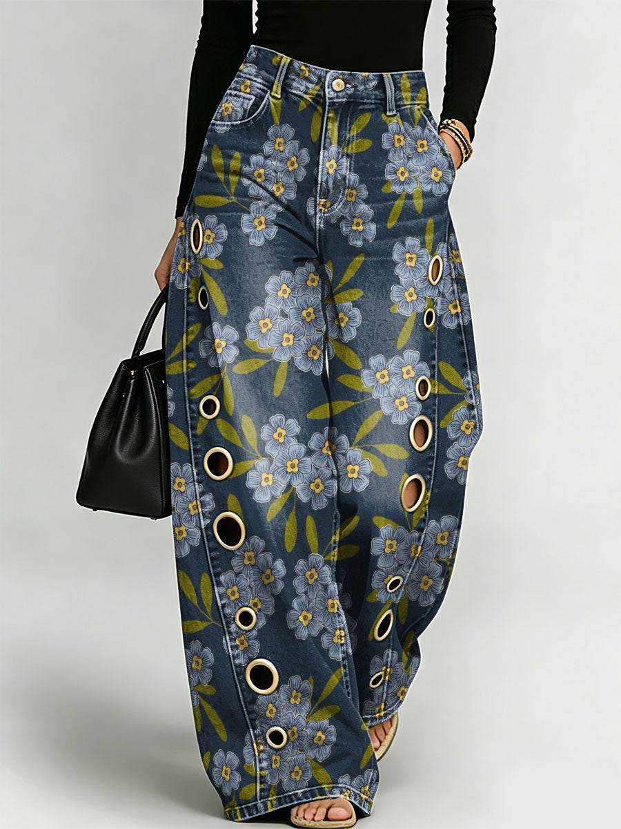 Elegant Floral Decorative Patterns Women's Casual Cotton Denim Pants
