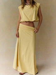 Women's Solid-color Casual Vacation Two-piece Set: Slit Skirt & Sleeveless Shirt
