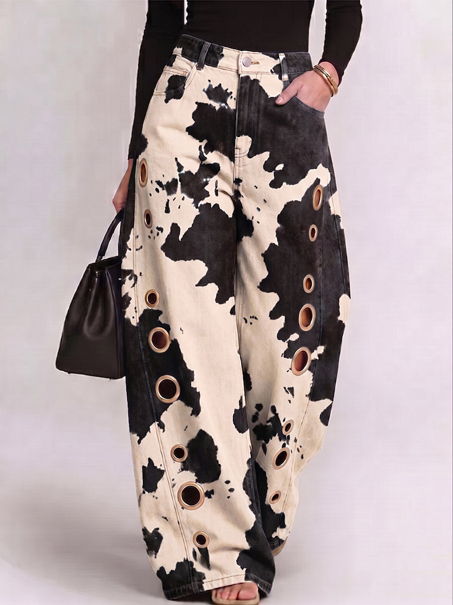 Women's Abstract Print High-waisted Wide-leg Jeans