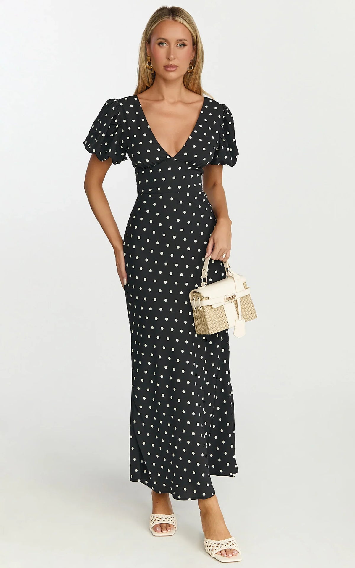 Robe Midi Elise - Robe à Manches Bouffantes et Col en V à Pois Noirs