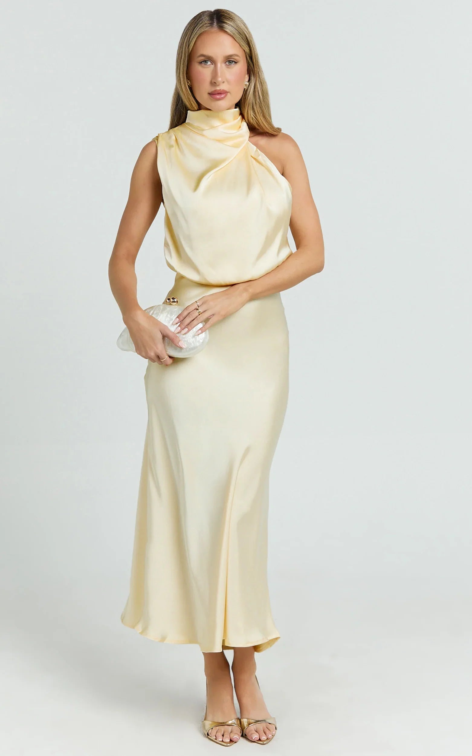 Robe Minnie Midi - Robe nuisette en satin à col drapé jaune beurre