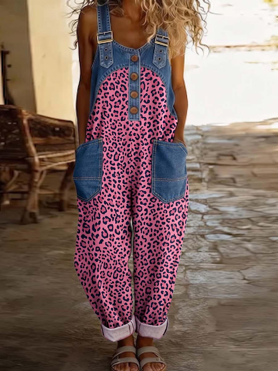 Women's Sleeveless Leopard Print Casual Loose Denim-paneled Wide-leg Jumpsuit