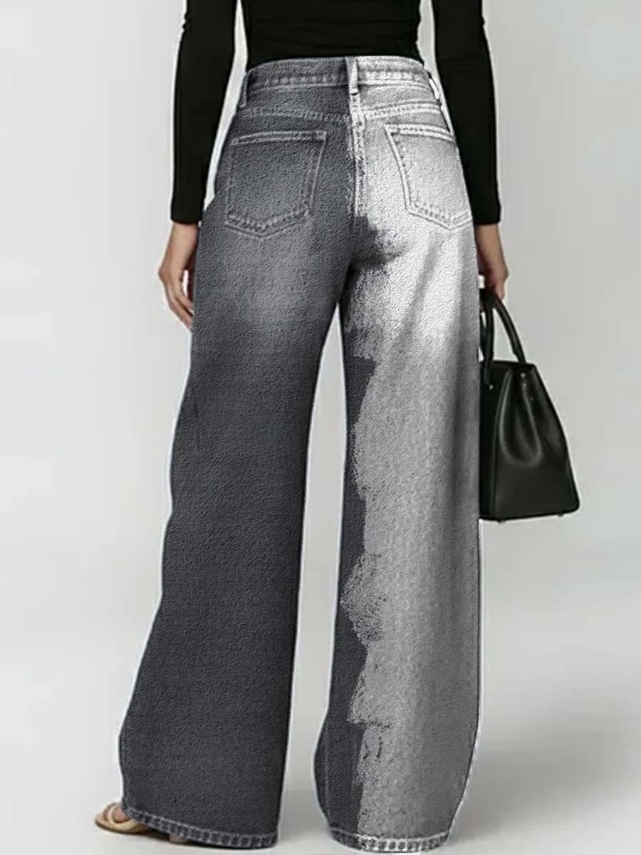 Women's Retro Art Print Casual Stylish Hollow Denim Pants