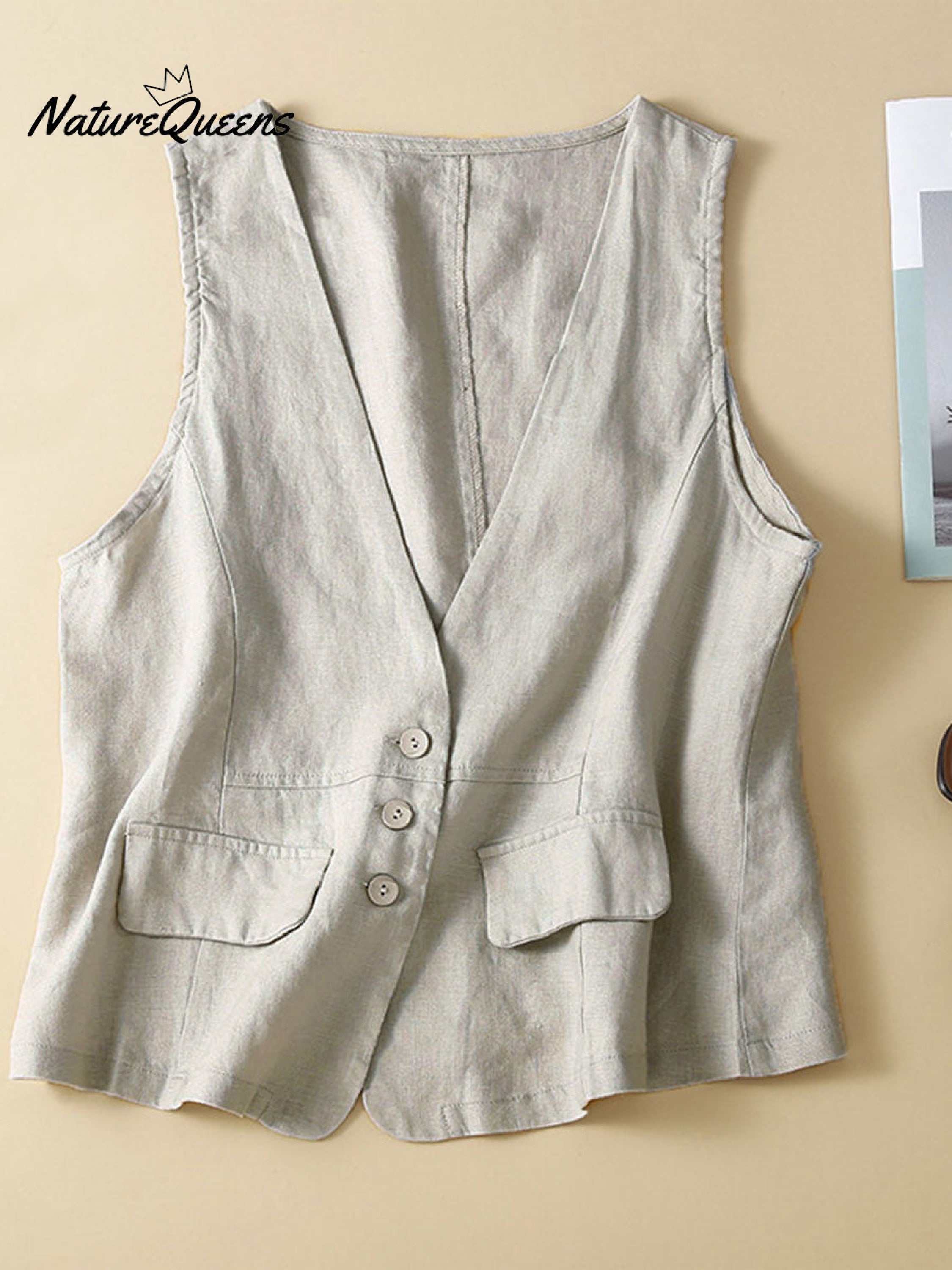 Women's V-neck Casual Sleeveless Vest Cotton And Linen Vest Jacket