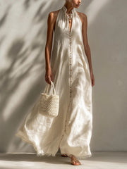 Casual Sleeveless Linen And Cotton Dress With Fringes