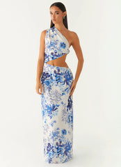 Robe longue tout l'été – Imprimé fleuri ciel serein