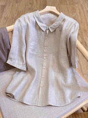 Women's Solid-color Collared Short-sleeve Casual Loose Cotton-linen Top