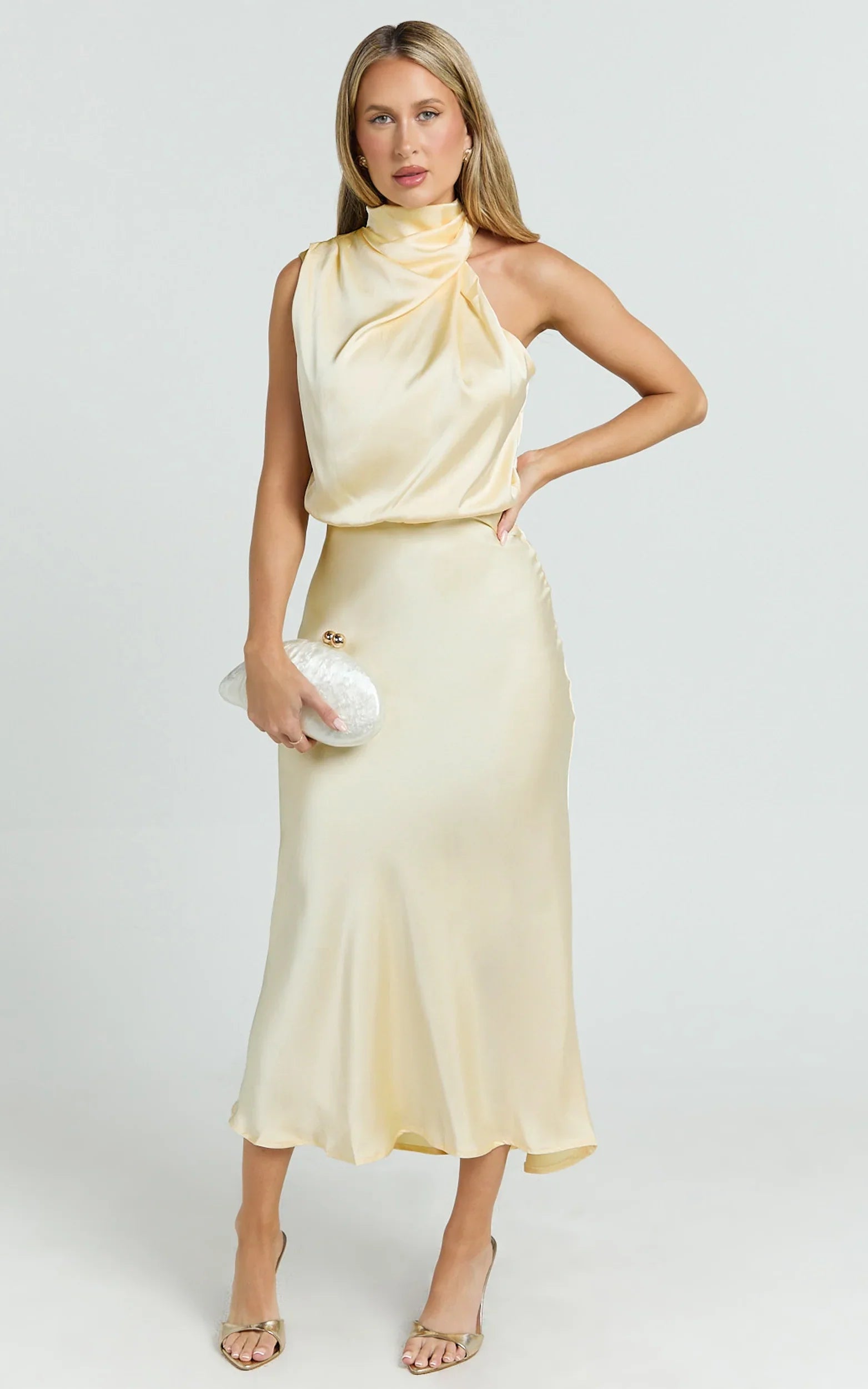Robe Minnie Midi - Robe nuisette en satin à col drapé jaune beurre