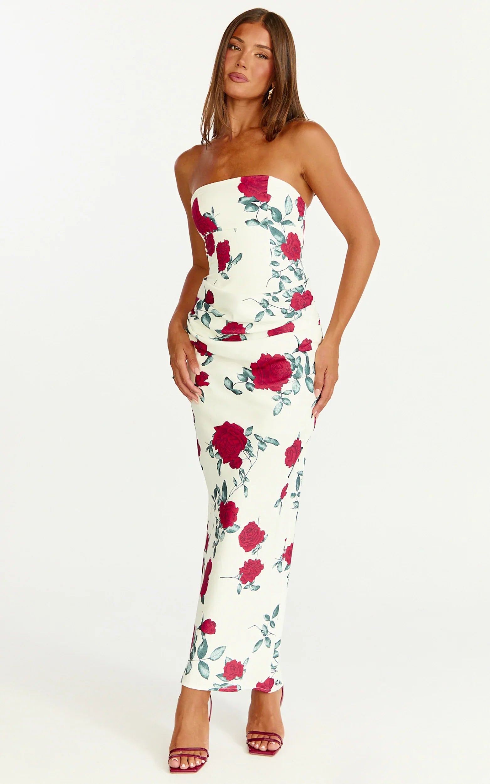 Robe Midi Dahlia - Robe Ajustée Drappée Sans Bretelles à Taille Drapée Imprimé Rose Écarlate