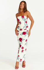 Robe Midi Dahlia - Robe Ajustée Drappée Sans Bretelles à Taille Drapée Imprimé Rose Écarlate