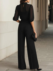 Women's Solid-color Two-piece Set: Stand-collar Short-sleeve, Loose-fit Chiffon Top & High-waisted Wide-leg Pants