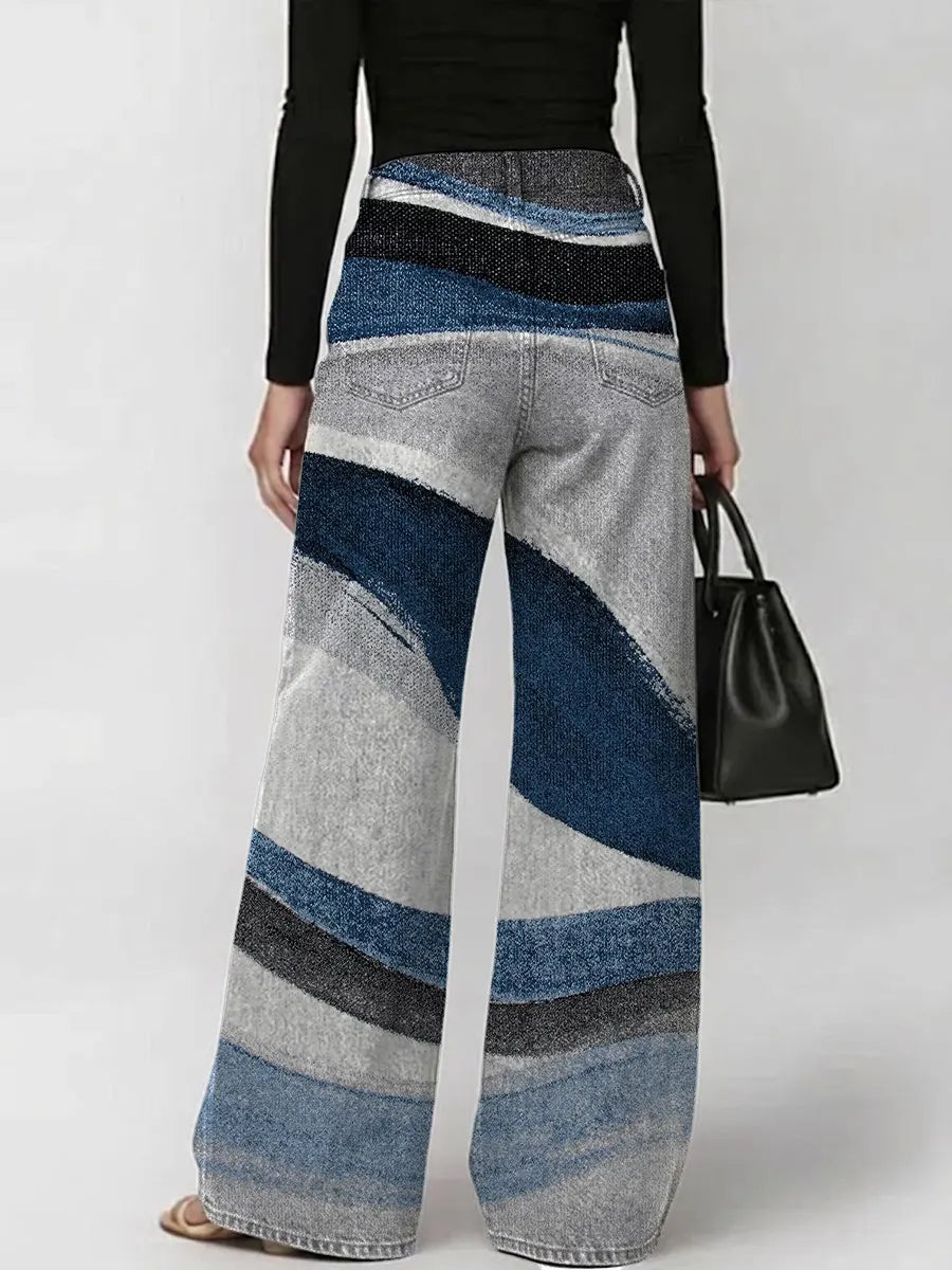 Women's Vintage Blue Stripes Art Print Casual Fashion Cutout Jeans
