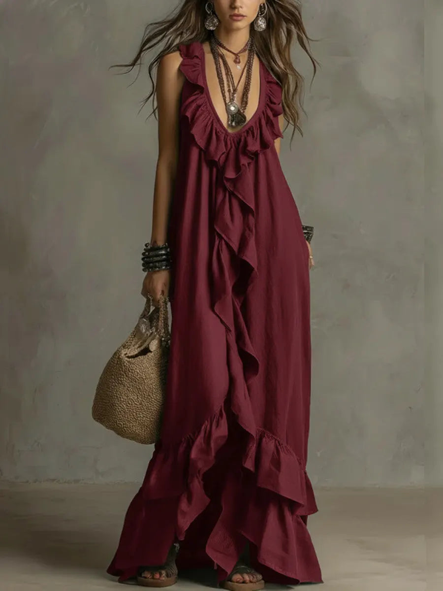 Women's Casual Bohemian V-neck Short Sleeve Ruffle Vintage Dress