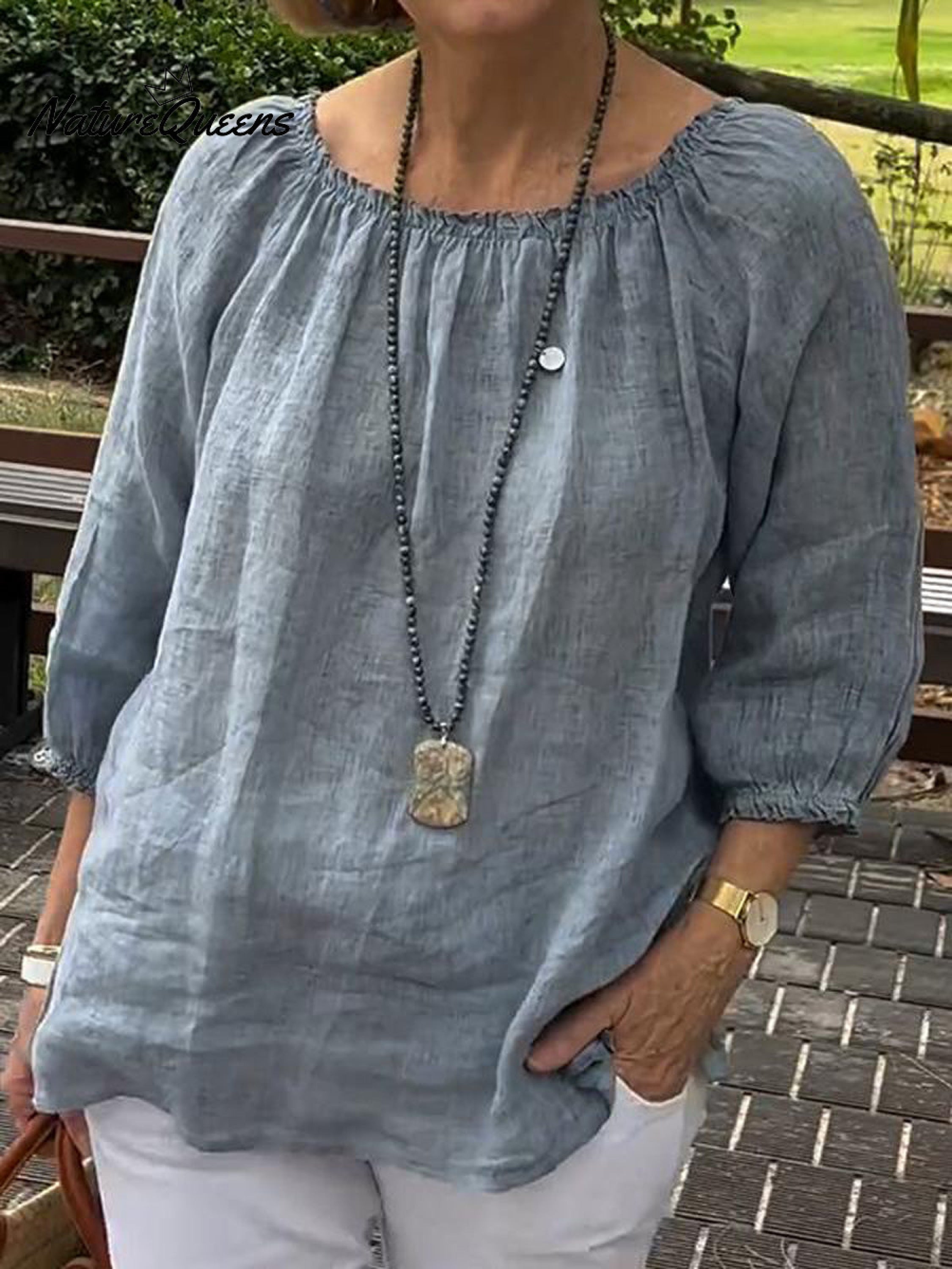 Women's Casual Solid Color Round Neck Pullover Cotton And Linen Shirt