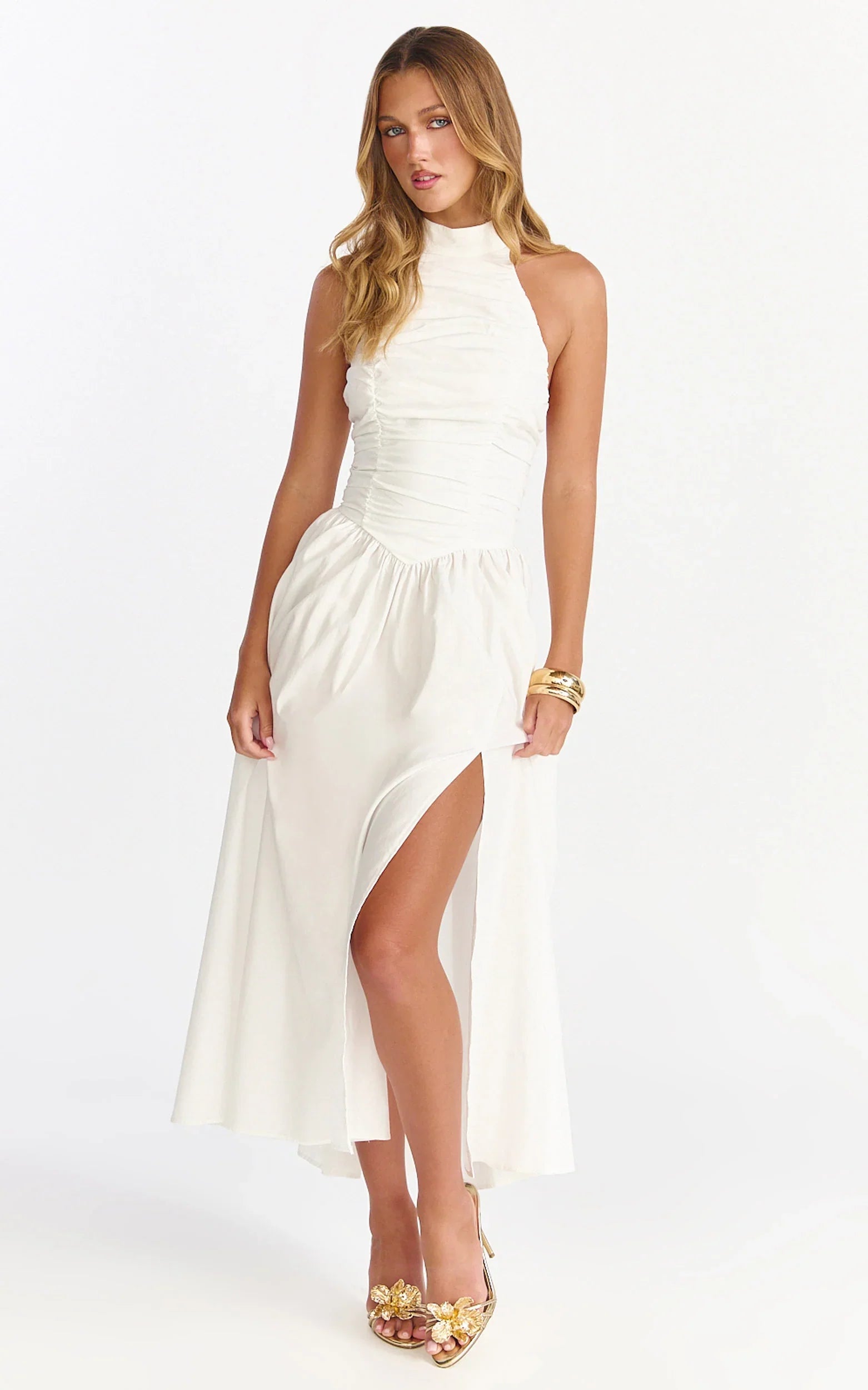 Robe midi Anya - Robe blanche dos nu froncée à taille basse