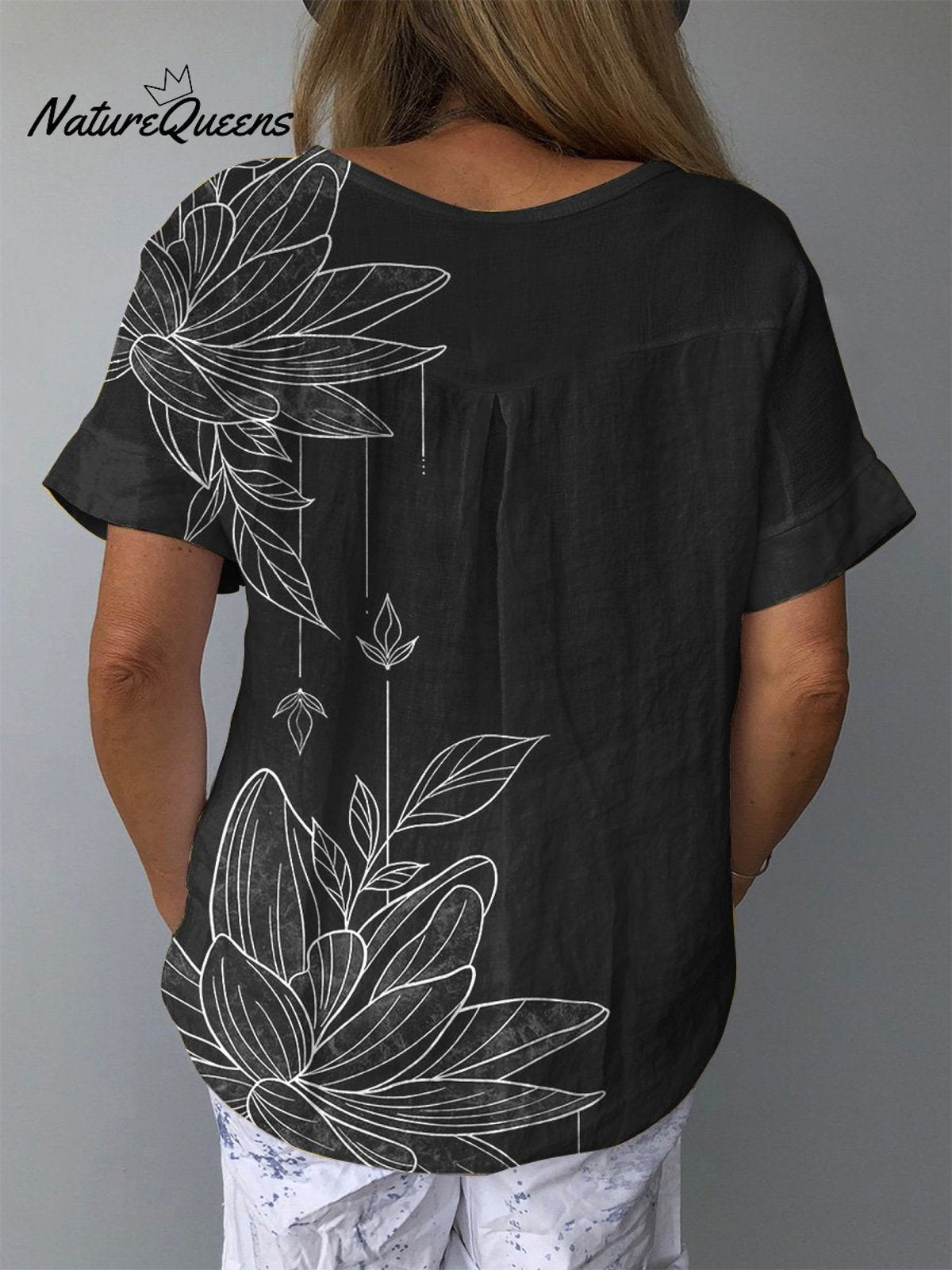 Line Drawing Water Lily Art Printed Women's Casual Cotton And Linen Shirt