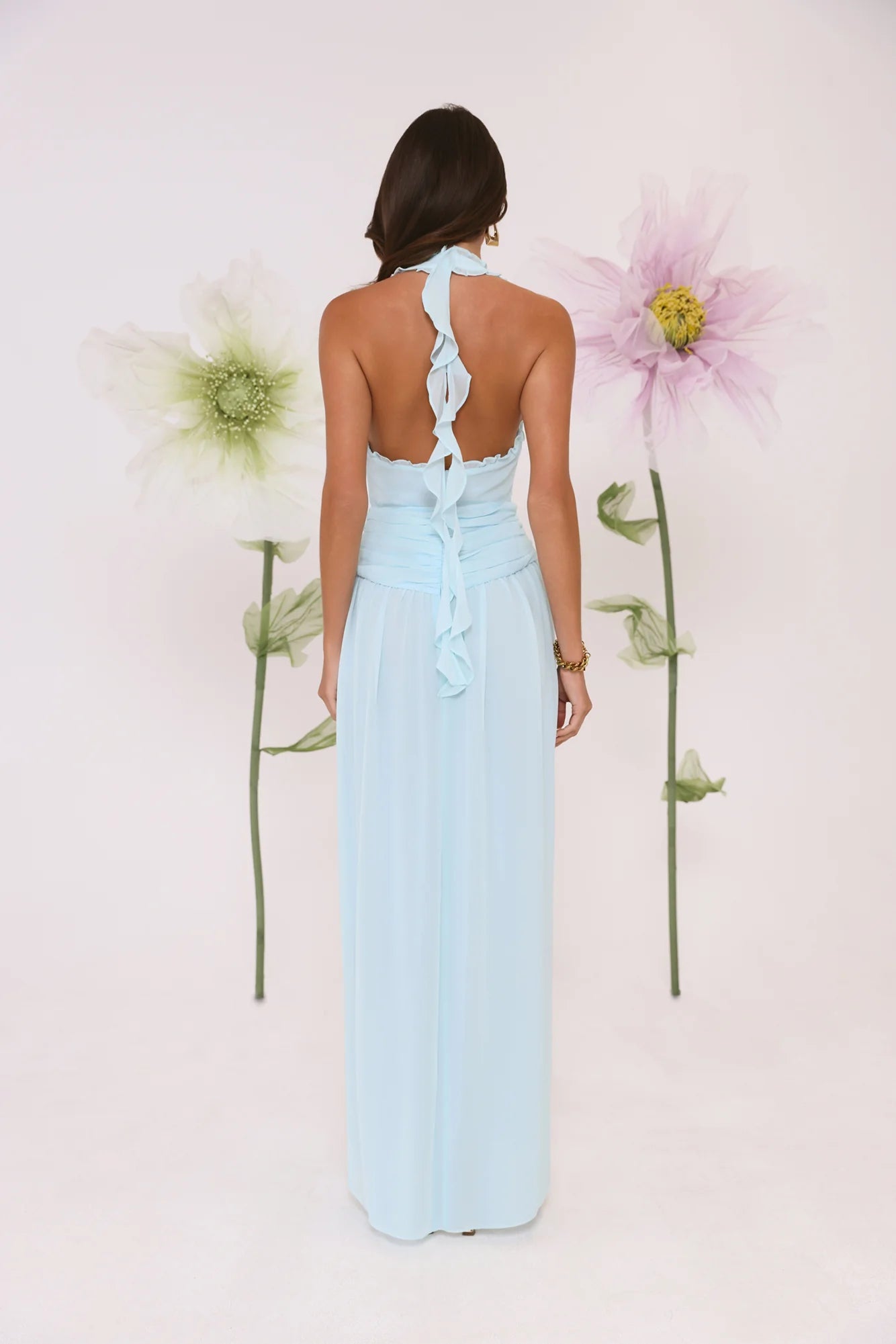 Robe longue dos nu « Nuits de verre marin » bleue