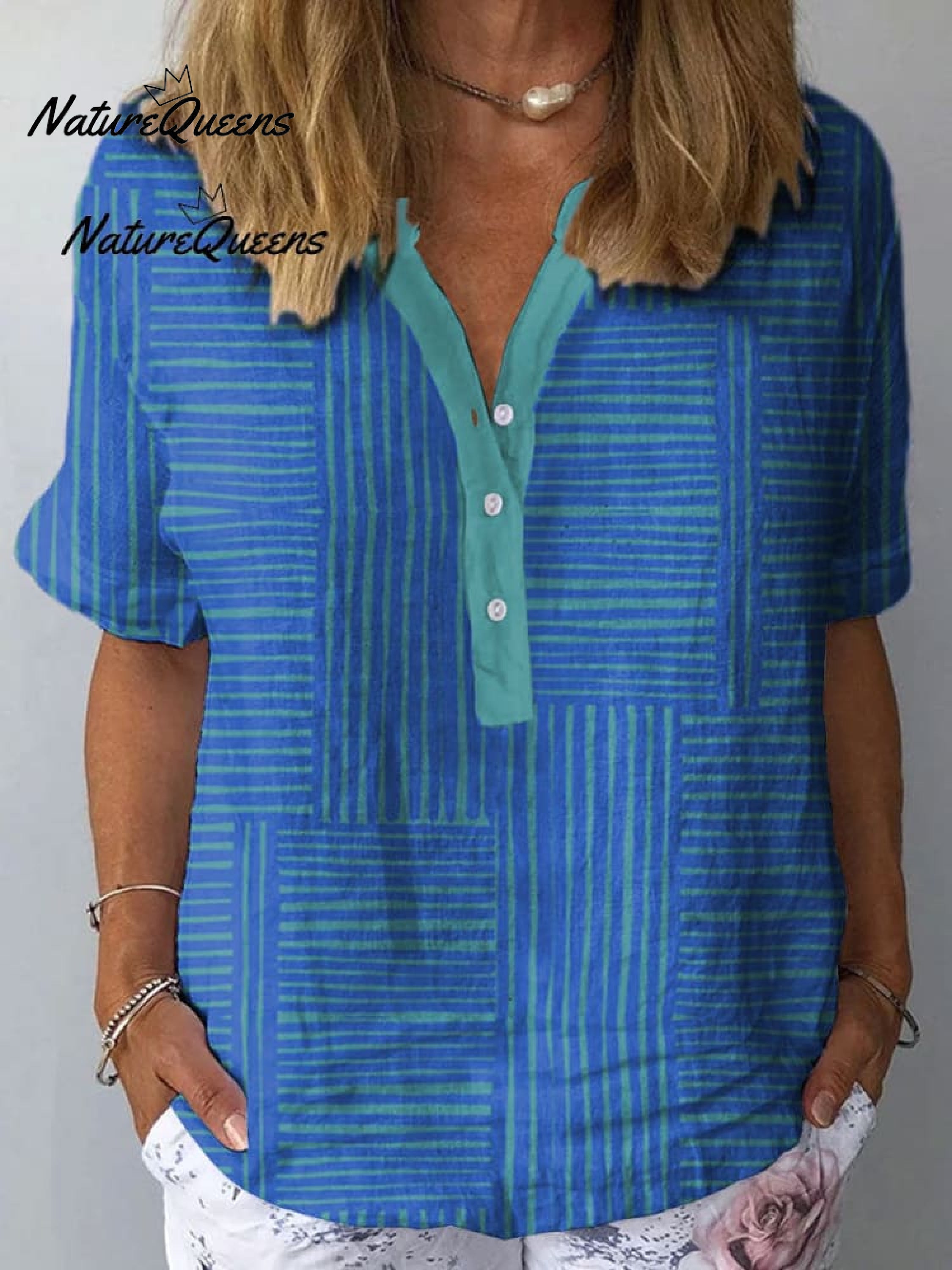 Women's Vintage Colorblock Striped Art Print Casual Linen V-neck Shirt