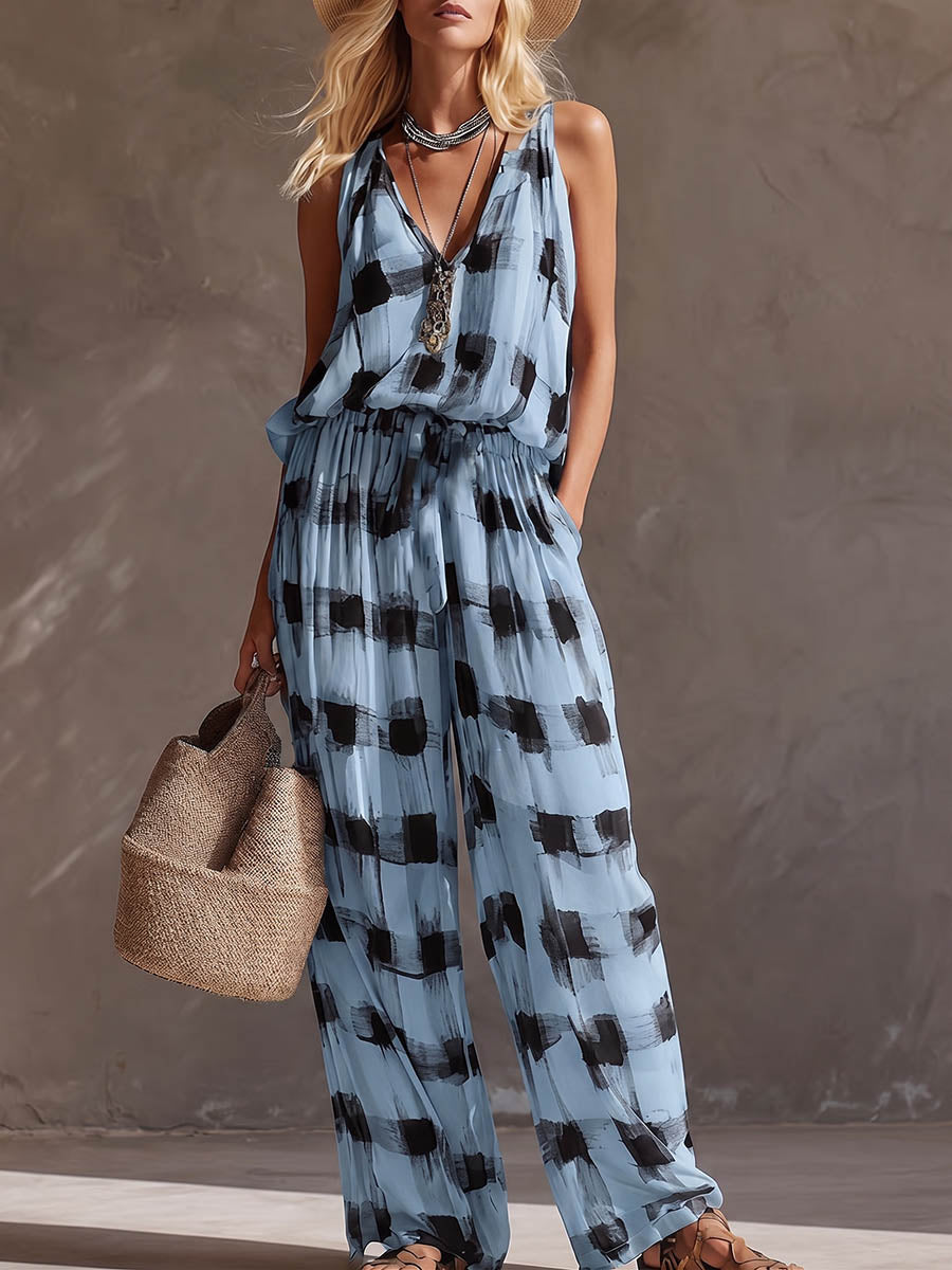 Women's Plaid-print V-neck Sleeveless Casual Loose Cotton-linen Top & Elastic-waist Wide-leg Pants Set