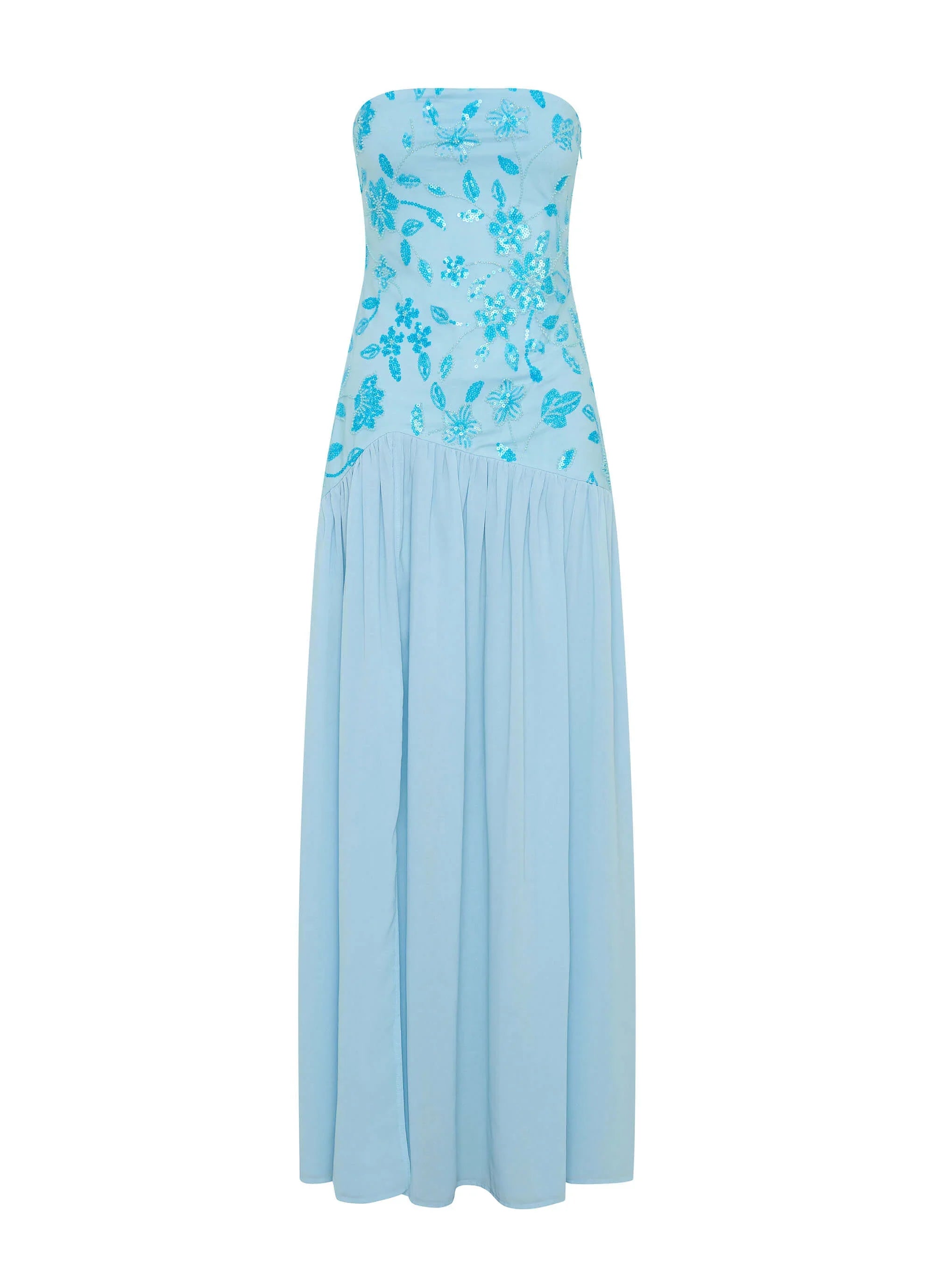 Robe longue perlée sans bretelles Eden - Bleu