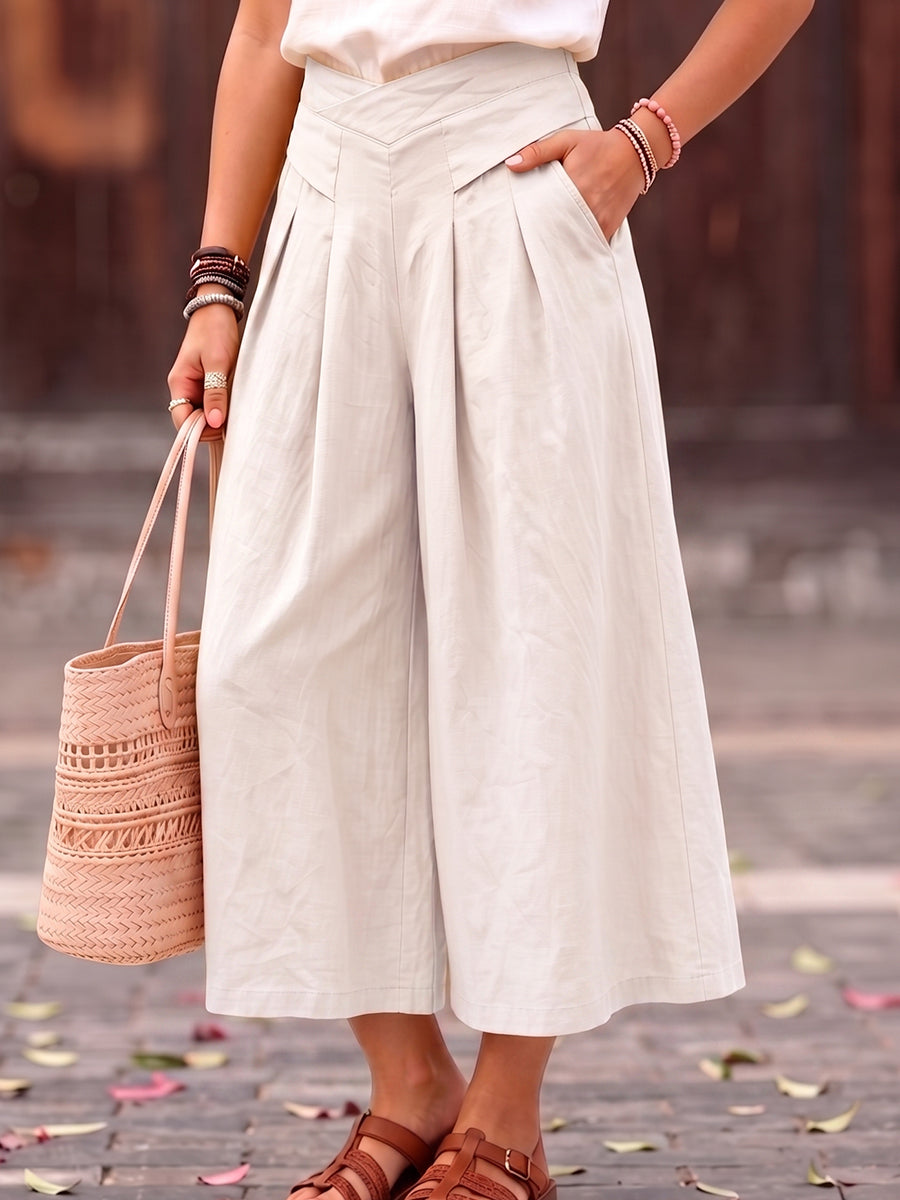 Cozy Cotton-linen Wide-leg Cropped Culottes