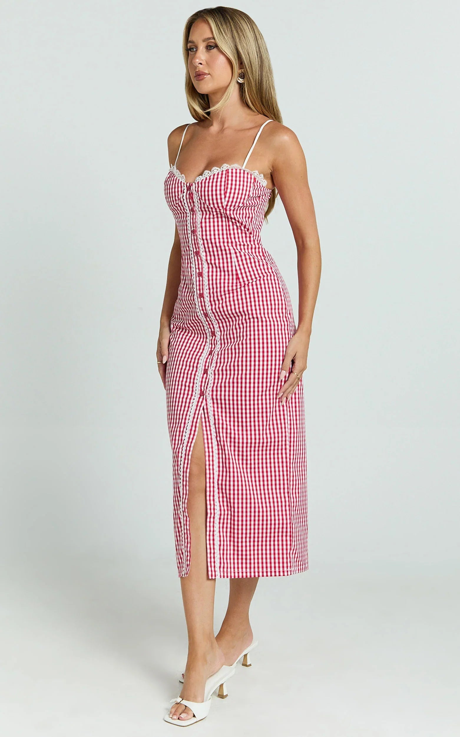Robe longue Anessa - Robe bustier ajustée boutonnée sur le devant en vichy rouge