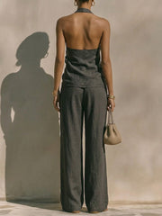 Dark Gray Textured Cotton-linen Halter Cross Draped Top & High-waist Wide-leg Pants Set
