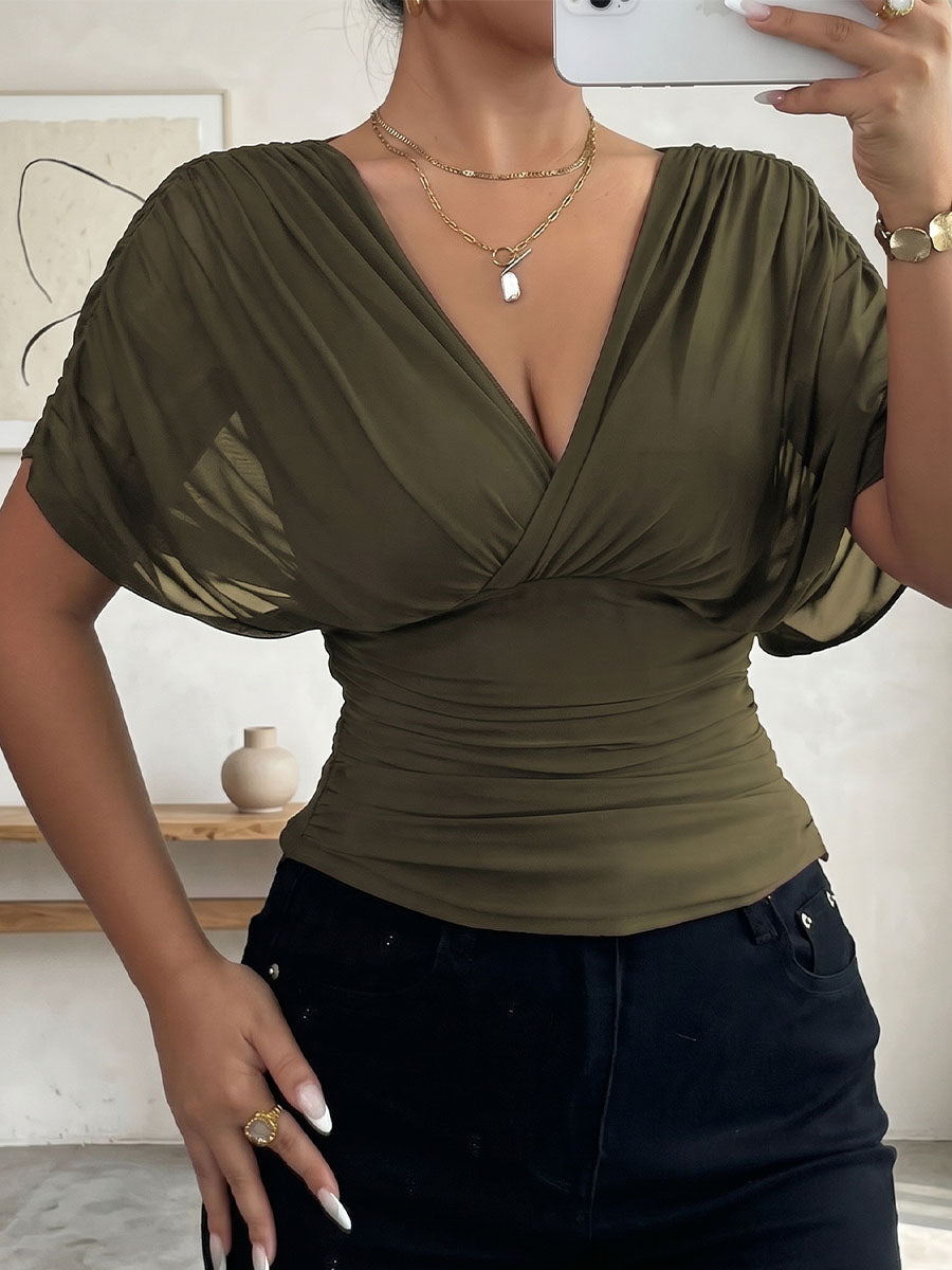 Women's V-neck Cap-sleeve Waist-defining Top