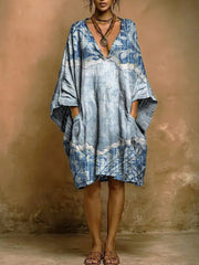 Women's Patchwork Pattern Print Short-sleeve Cotton-linen Dress