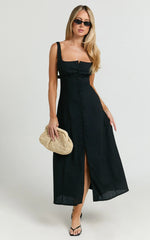 Robe midi Cameron – Robe noire boutonnée avec liens au dos