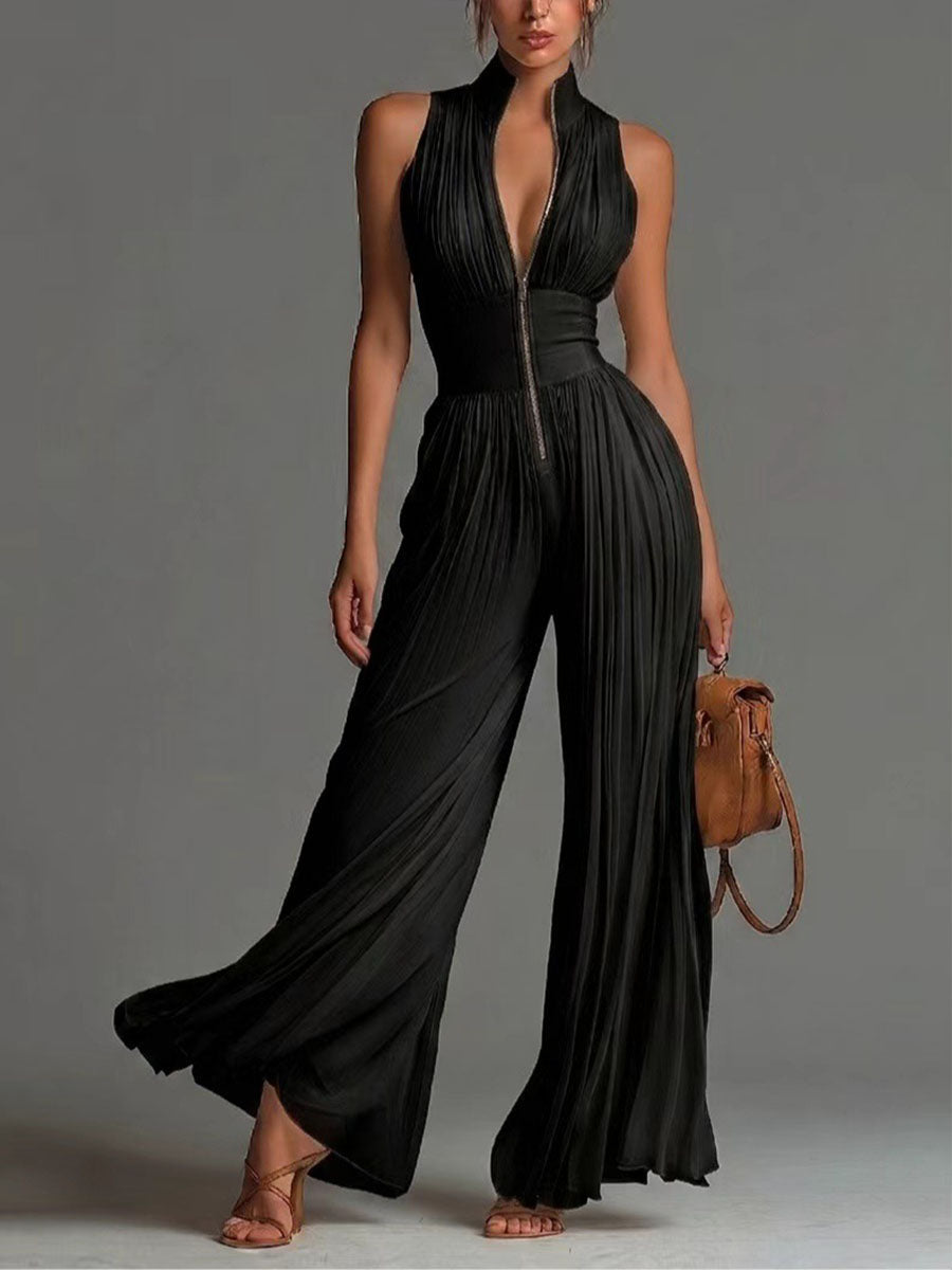 Women's Elegant & Flowy Pleated Halter-neck Long Wide-leg Jumpsuit
