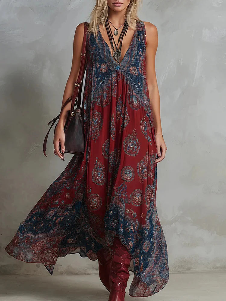 Women's Retro Paisley V-neck Flowy Dress