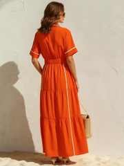 Women's Orange and White Color-Block Vacation Style Cotton-Linen Shirt Dress
