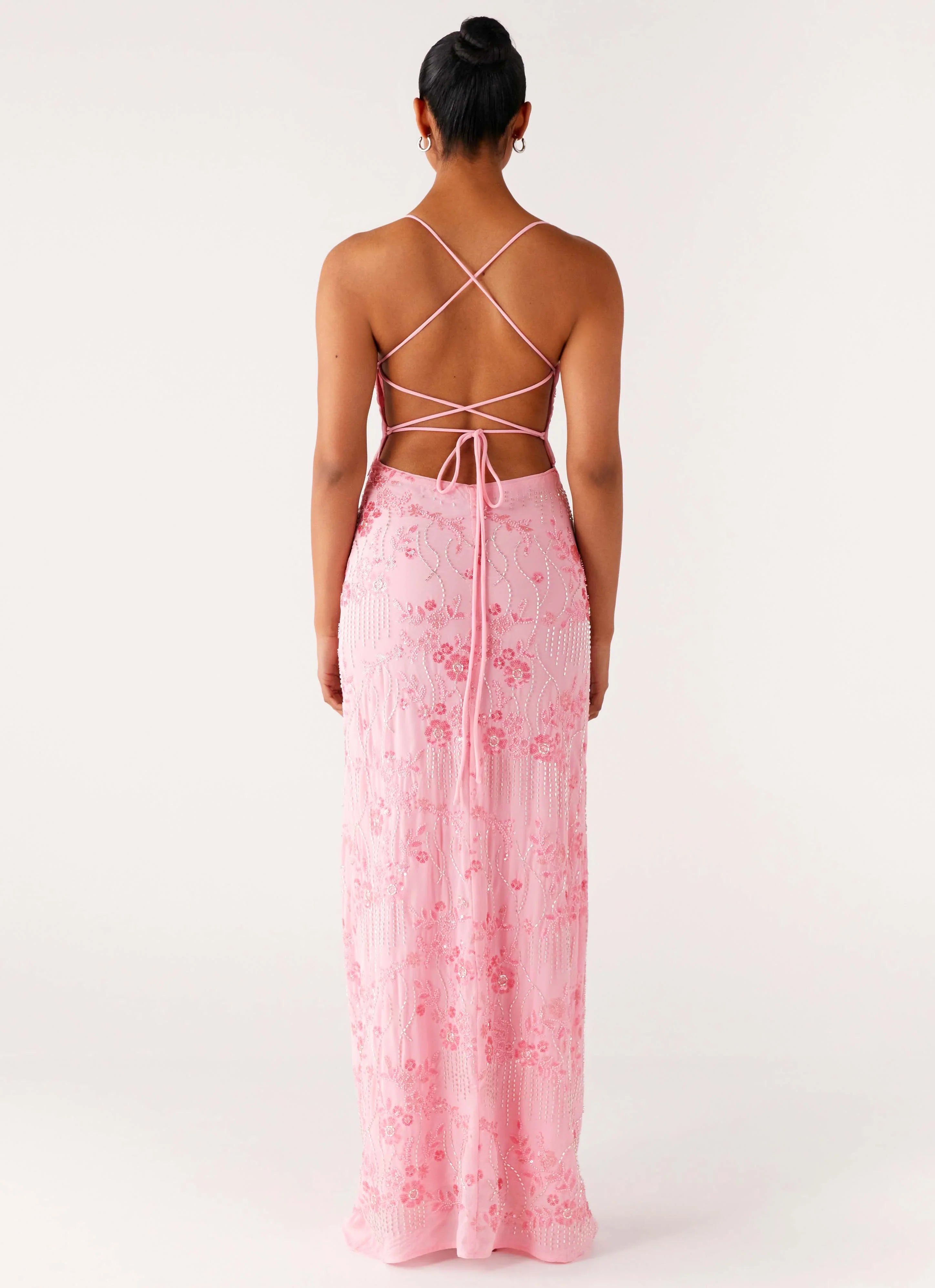 Robe longue à fines bretelles Vietta Sequin - Rose