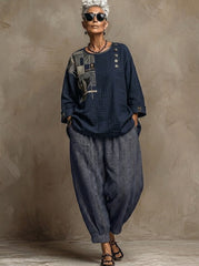 Bohemian Art Print Linen And Cotton Two-piece Top And Pants Set