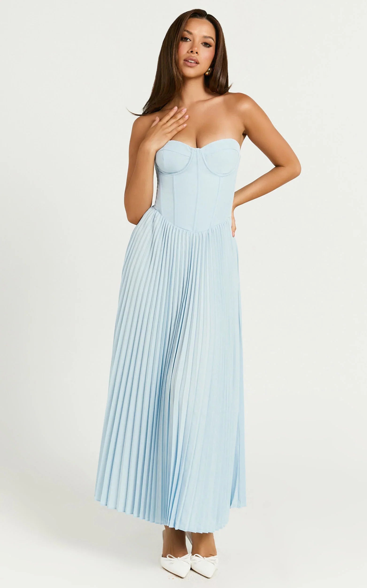 Robe midi Loretta - Robe plissée bustier à lacets au dos, bleu clair